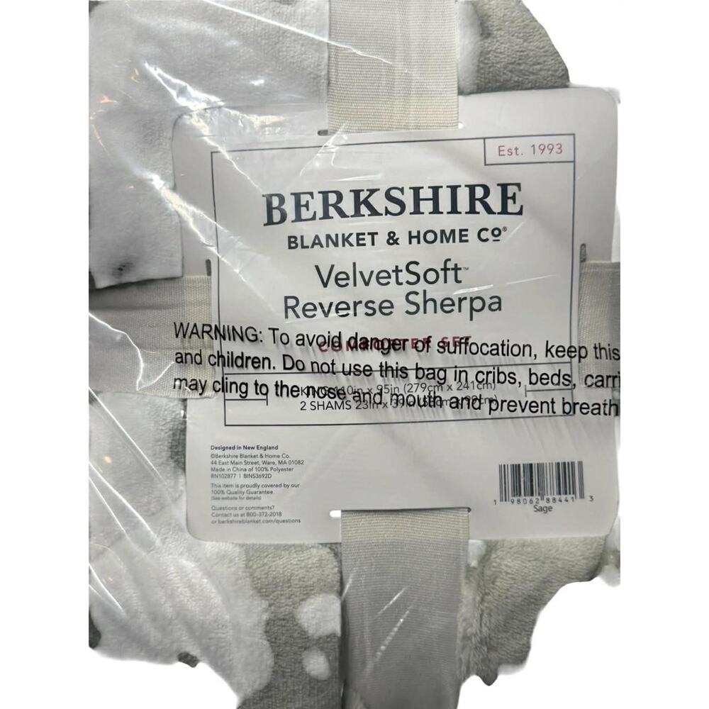 Berkshire King VelvetSoft Sherpa Blanket 2 Shams Sage Green Plush Bedding Set